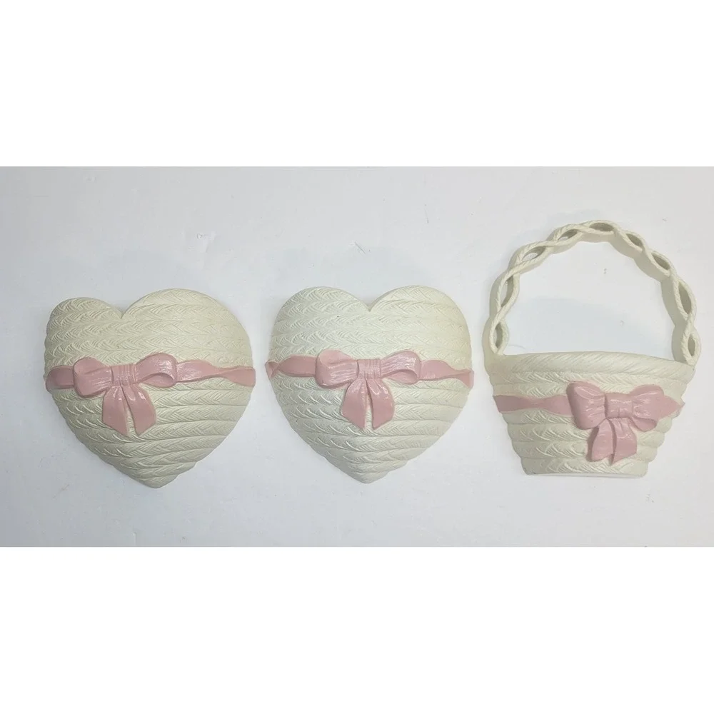 Vtg Burwood Wicker Style Wall Decor Set 6pc White w/Pink Bow Mirror Shelf Hearts